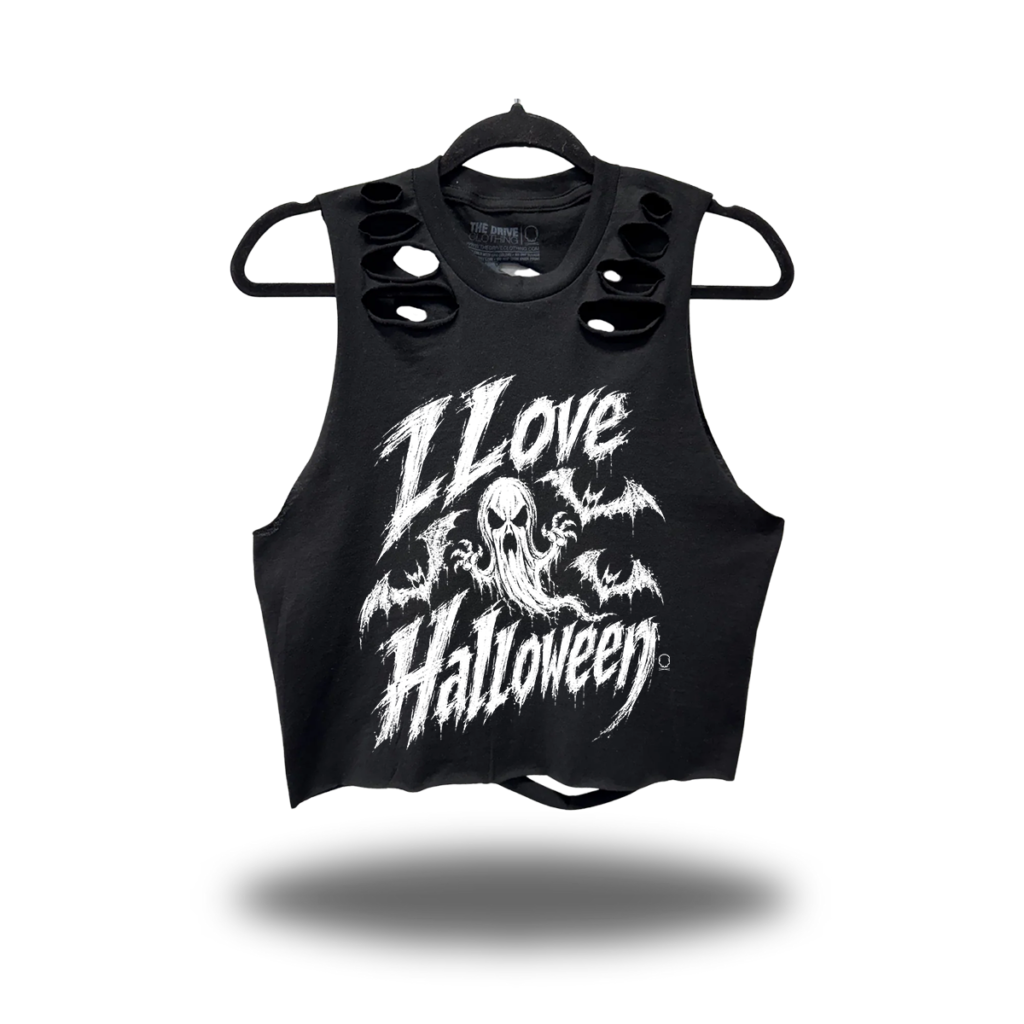 I LOVE HALLOWEEN ROAD RASH BACK CUT BLACK CROP TANK