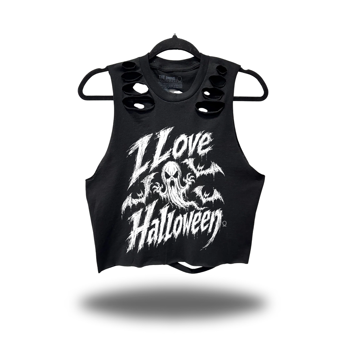 I LOVE HALLOWEEN ROAD RASH BACK CUT BLACK CROP TANK