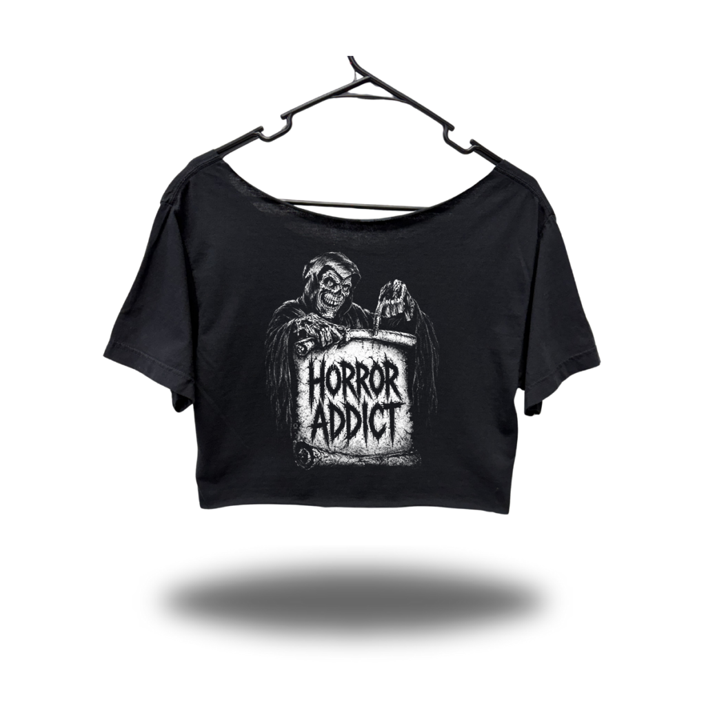 HORROR ADDICT WIDENECK OVERSIZED BLACK CROP TOP