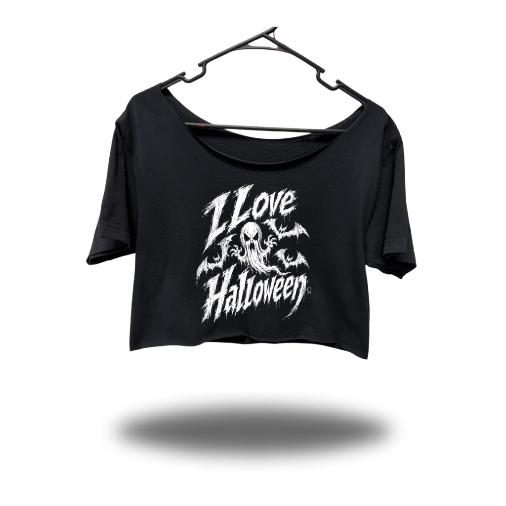 I LOVE HALLOWEEN WIDENECK OVERSIZED BLACK CROP TOP