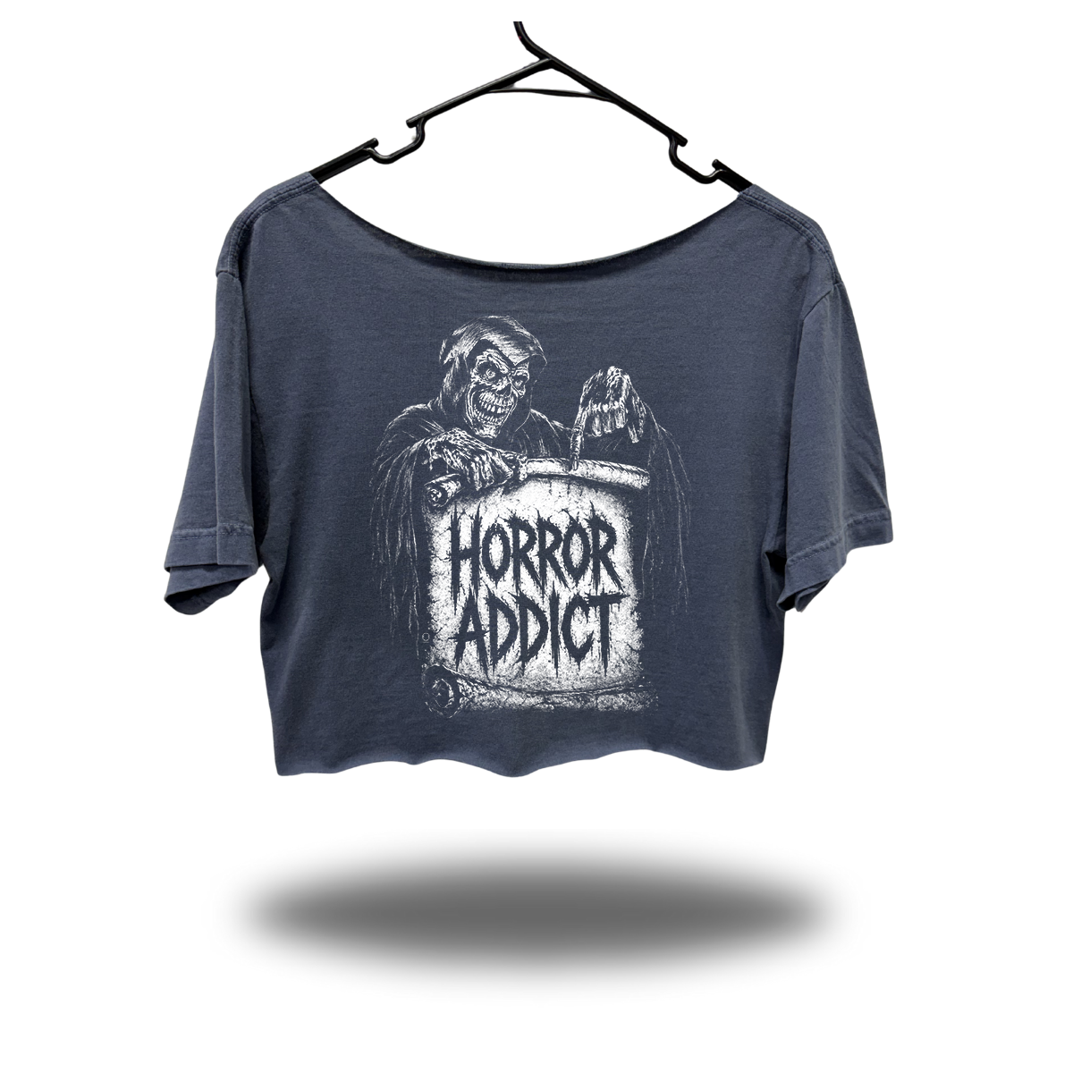 HORROR ADDICT WIDENECK OVERSIZED FADED NAVY CROP TOP